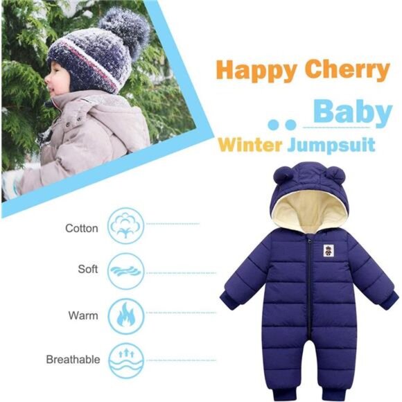Happy Cherry Baby Snowsuit Winter Coat Warm Hoodie Romper Puffer Jacket - Picture 2 of 6